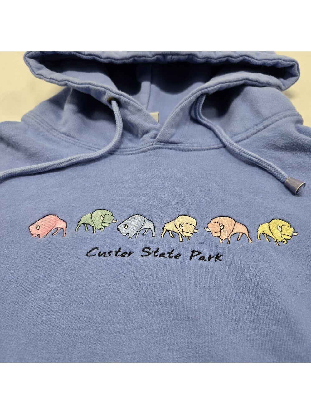 Sz L/XL Vintage Custer State Park Blue Hoodie Embroidered Pastel Buffalo 90s ESY